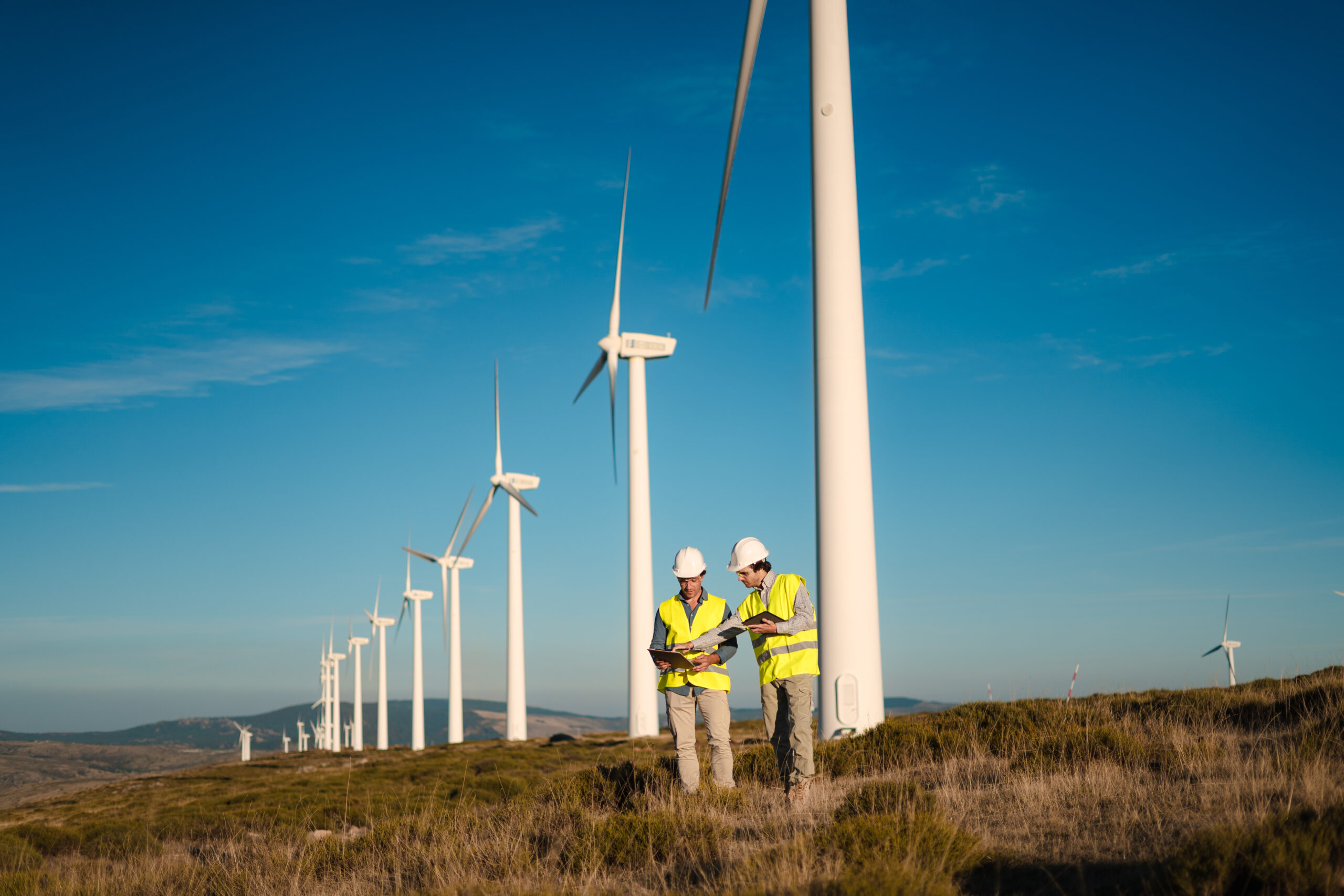 Engineers inspecting wind turbines