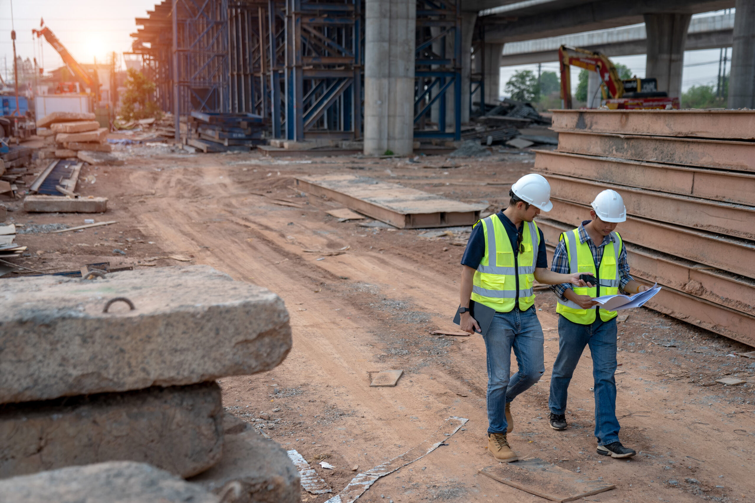 Two construction workers walking through construction site