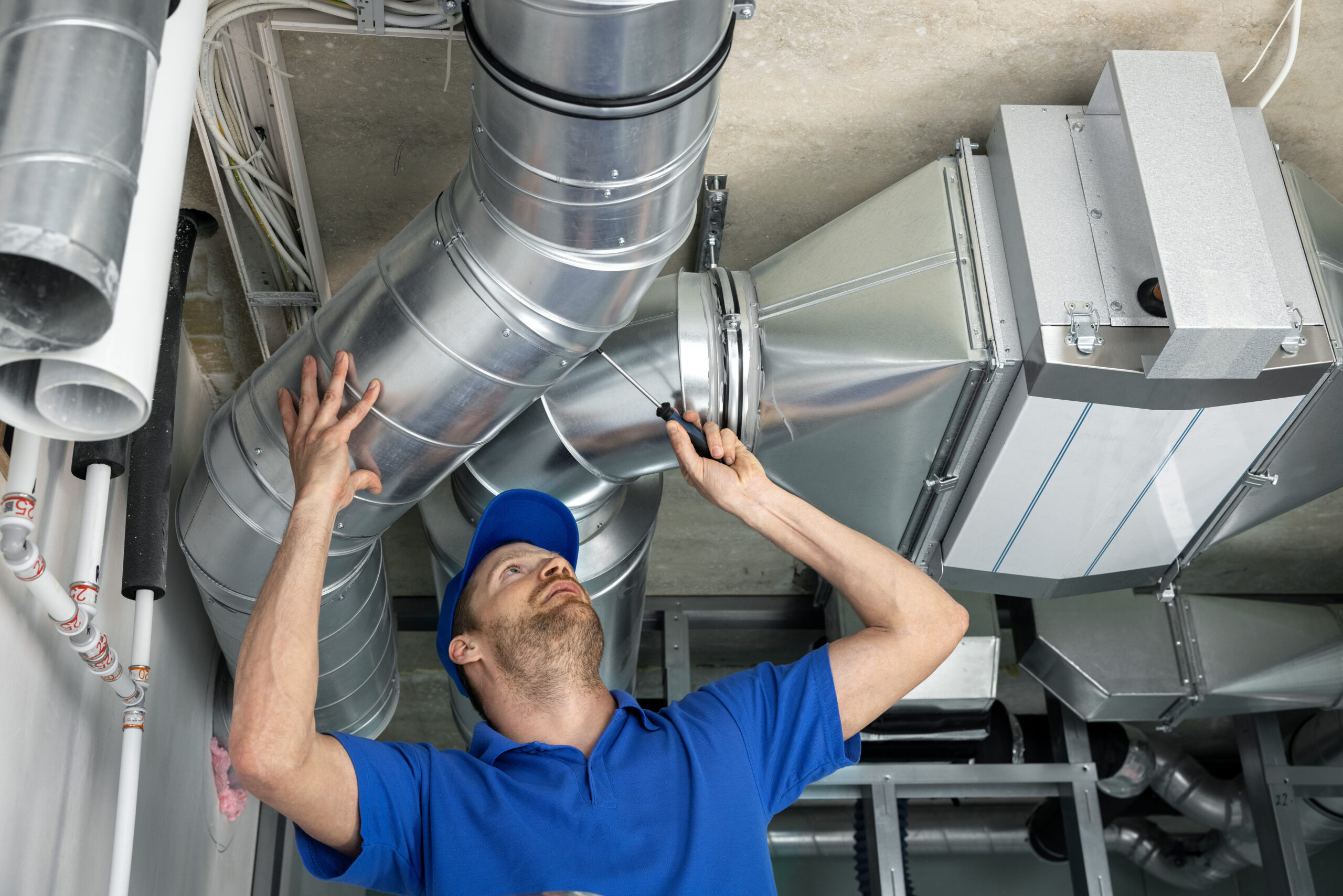 HVAC worker installing vents