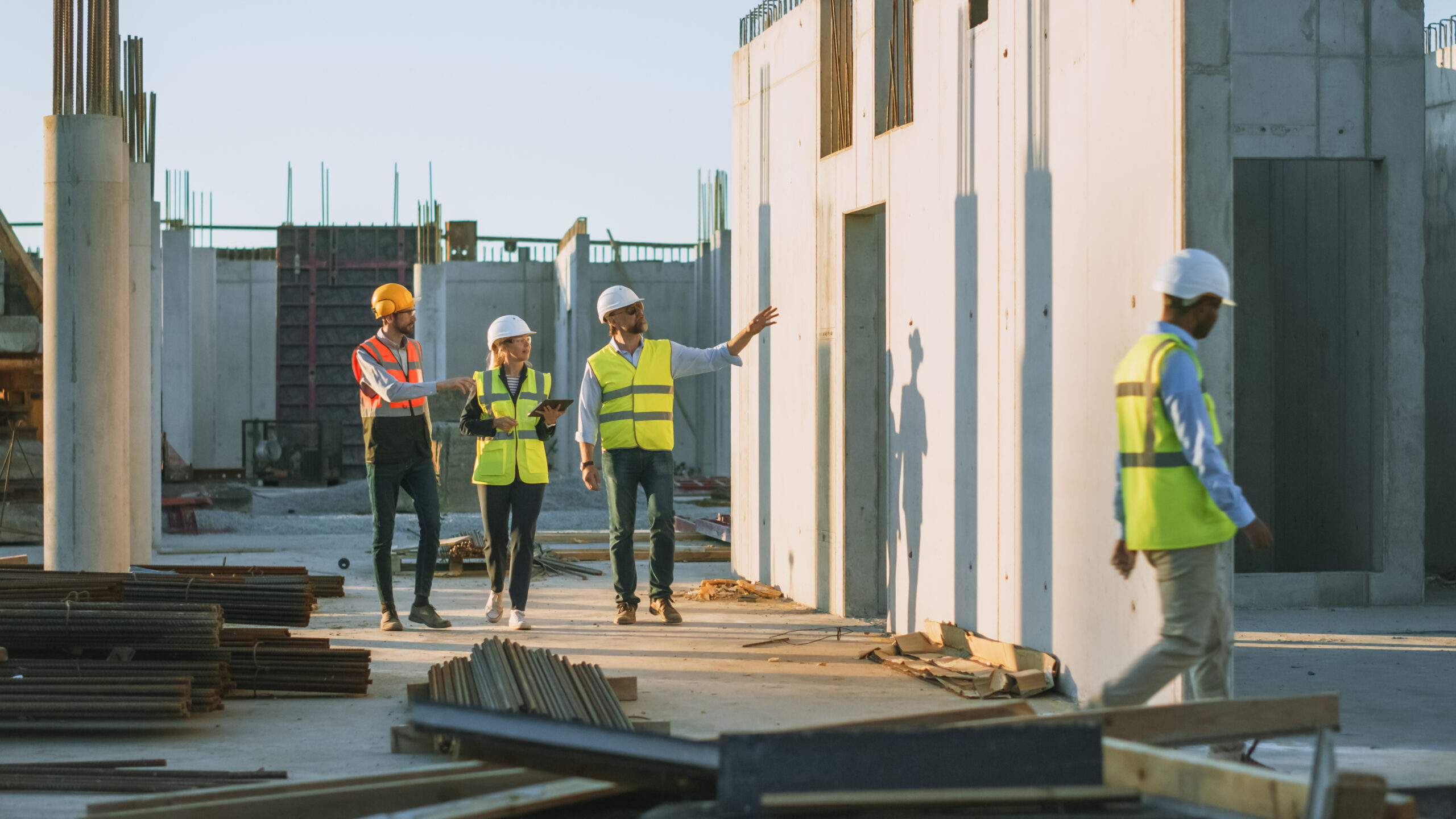 People in hardhats and reflective vests walking through construction site